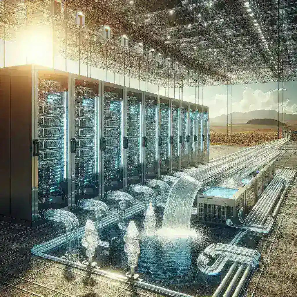 "Infographic illustrating the impact of freshwater usage in AI data centers, highlighting the need for regulation to ensure sustainable water resource management."