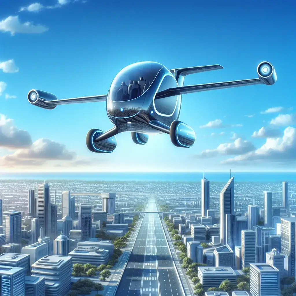 "Electric air taxi soaring above a city skyline, symbolizing the future of domestic travel and innovation in urban transportation."