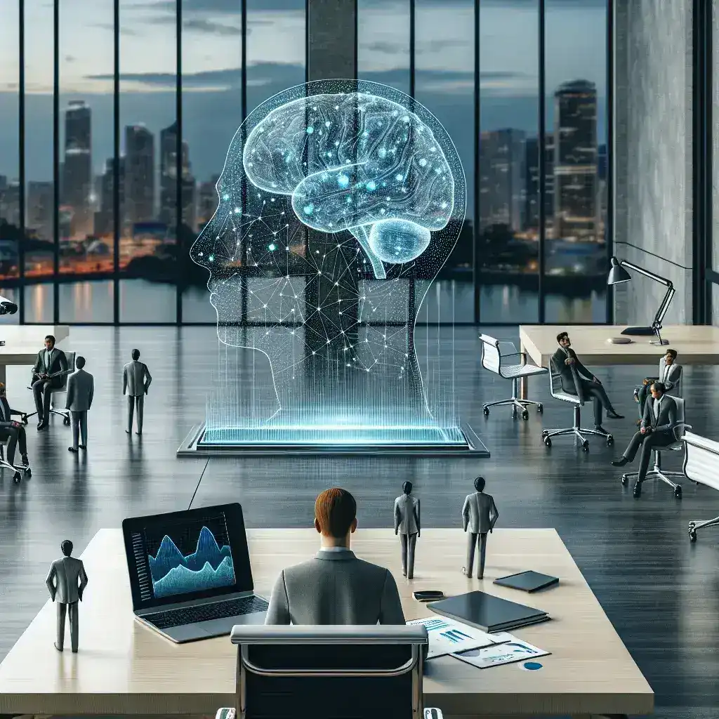 "Remote team collaboration utilizing AI tools: Leaders managing virtual teams effectively with technology in a modern workspace."