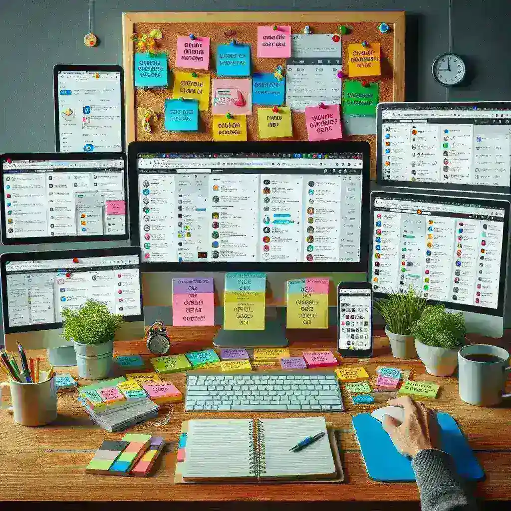 "Organized digital workspace illustrating multiple online accounts management, featuring a laptop displaying various app icons and productivity tools, representing efficiency in digital organization."