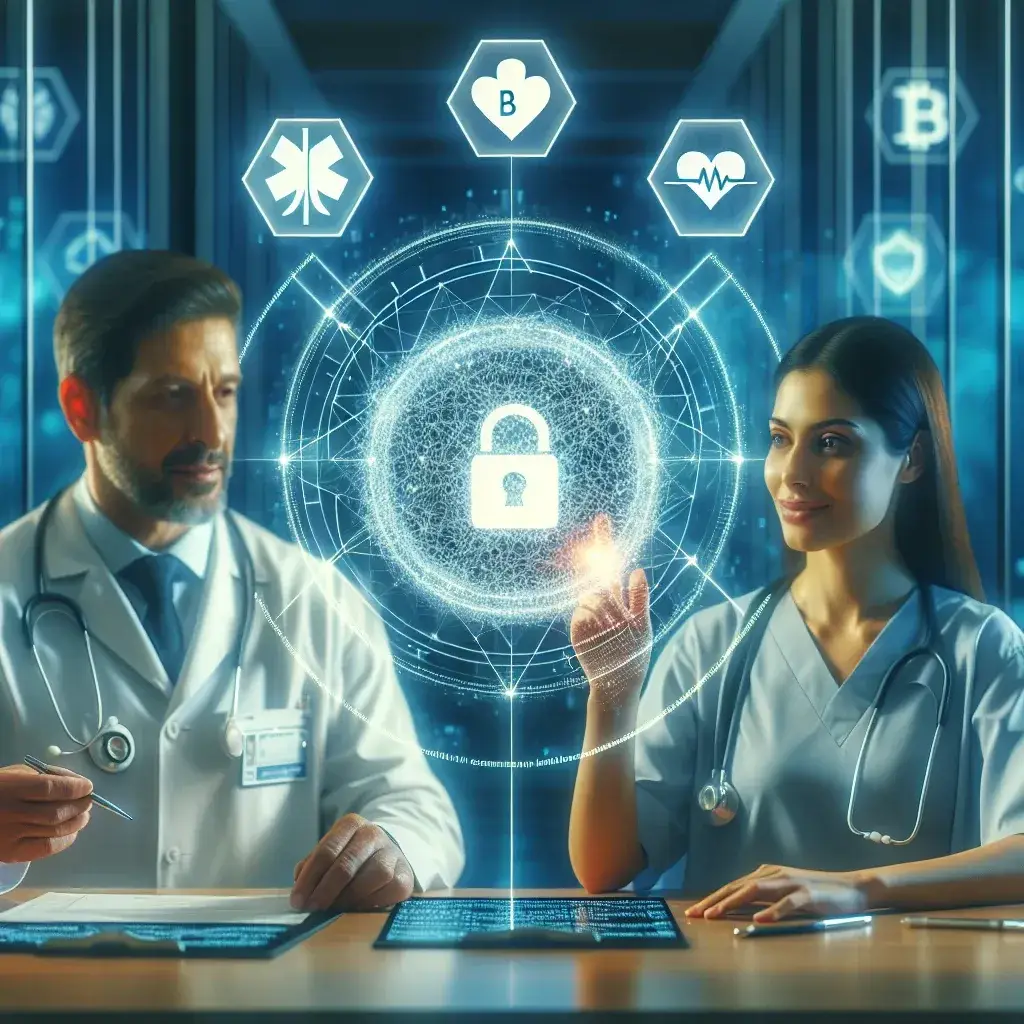 "Blockchain-based credentialing system interface showcasing secure digital verification for health professionals' qualifications and licenses."